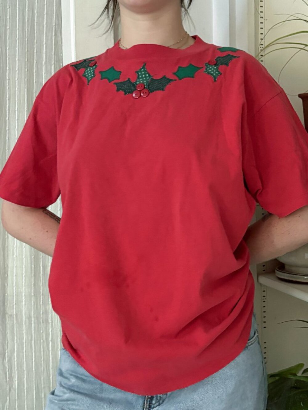 Vintage Red Embroidered Holly Christmas T-Shirt